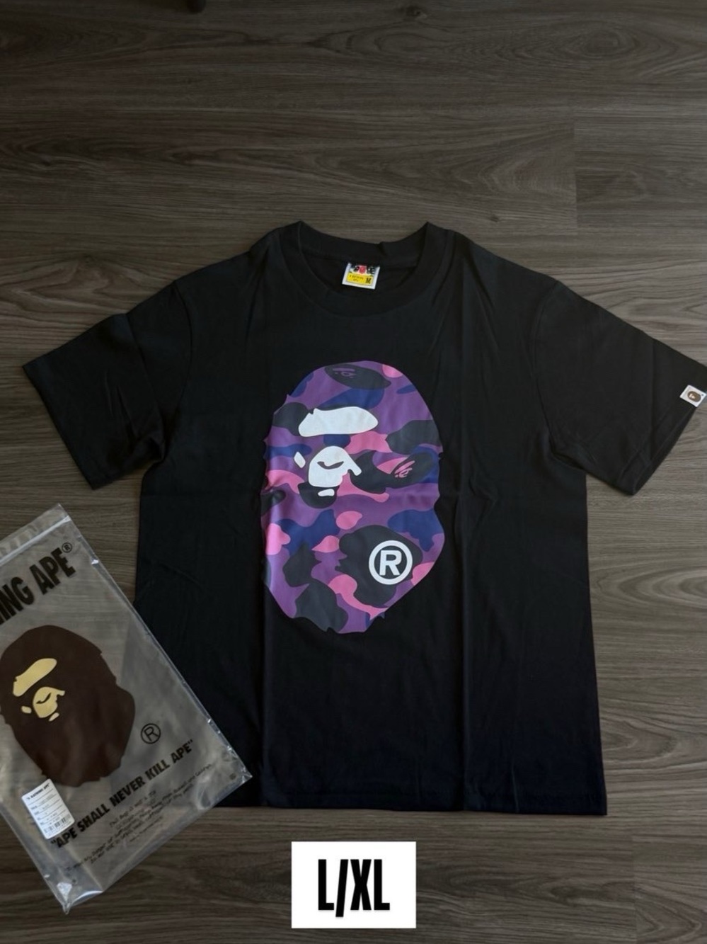 Bape Black Tee with Purple & Pink Camo Ape Head